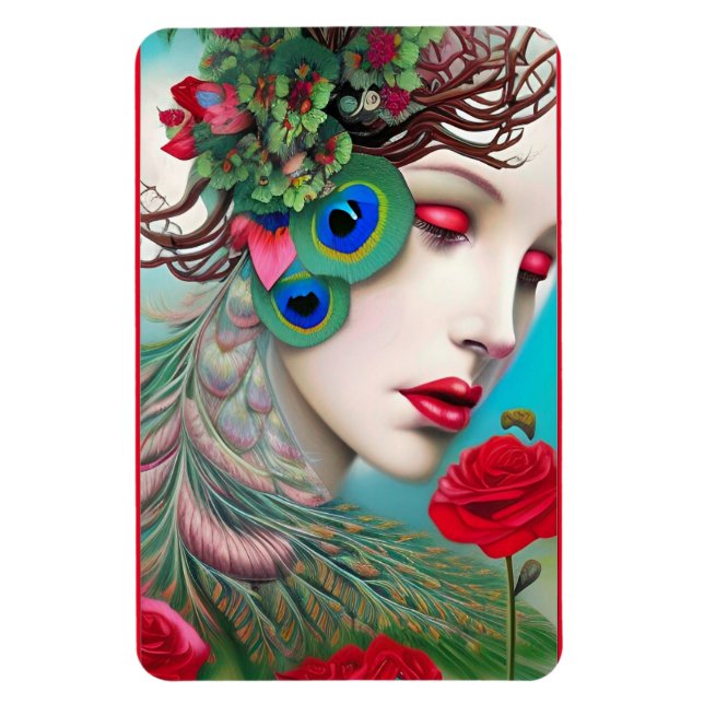 Rote Lippen und Rose Pfau Abstrakt Magnet (Vertikal)