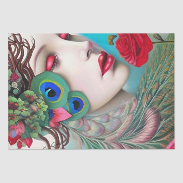 Rote Lippen und Rose Pfau Abstrakt Seidenpapier (Vorderseite)