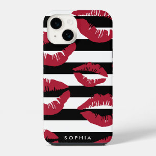 Rote Lippenstift-Küsse Schwarz-Weiß-Streifen iPhone 14 Hülle