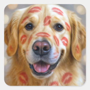 Rote Lippenstiftküsse auf einem Golden Retriever Quadratischer Aufkleber