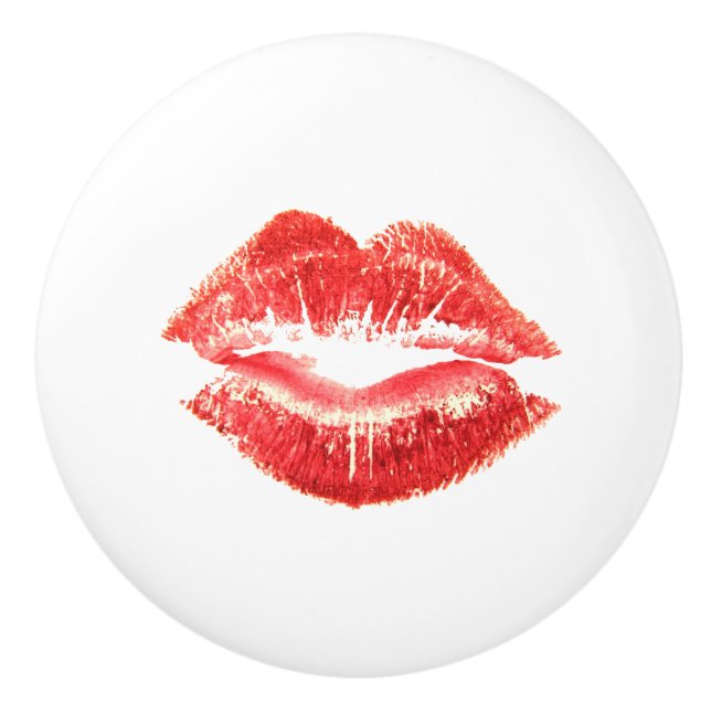 Rote Lippenstiftlippen für Make-up u. Kosmetikfach Keramikknauf (Vorderseite)