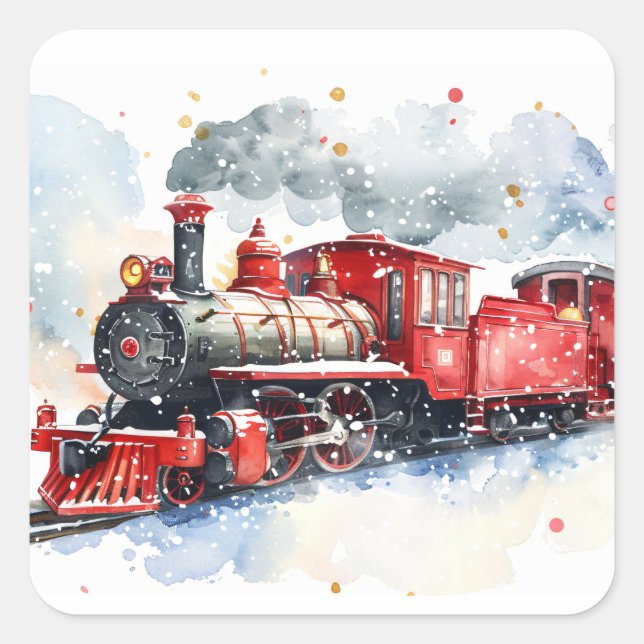 Rote Lokomotive im Winter Quadratischer Aufkleber (Vorderseite)