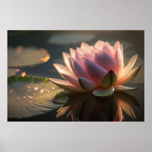Rote Lotosblume im Morgenlicht Poster