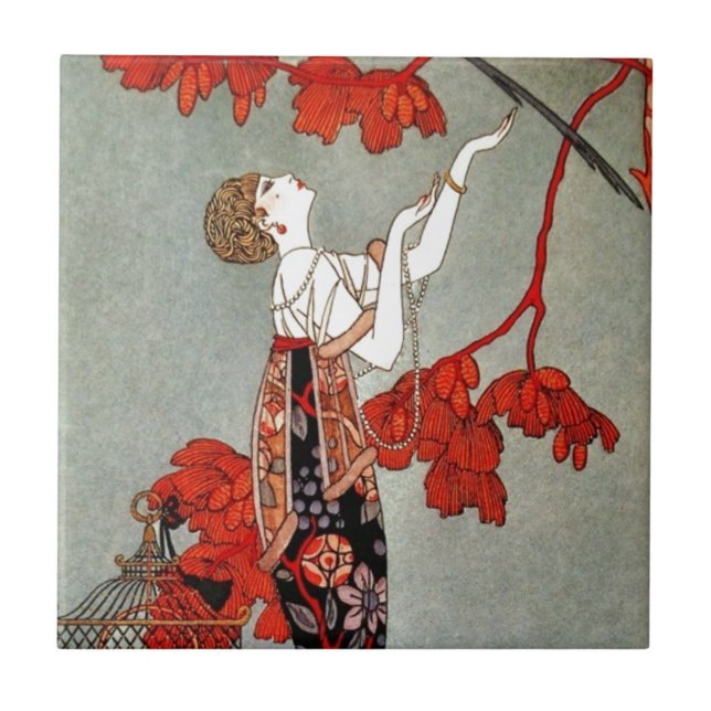 Rote Madame Art Deco Design Fliese (Vorderseite)