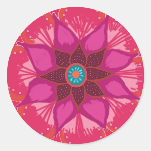 Rote Mandala Blume Art Round Sticker, glänzend Runder Aufkleber (Vorderseite)
