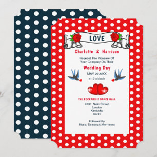 Rote Marine Rockabilly Punkte Hochzeit Einladung
