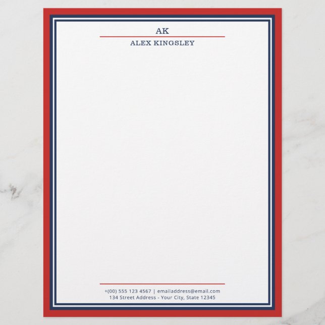 Rote Marineblaue Umrandung Monogramm Name Adresse Briefbogen (Vorderseite)