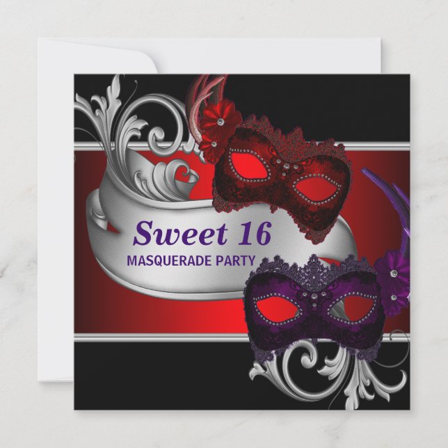 Rote Masken Sweet 16 Masquerade Party Einladung (Vorderseite)