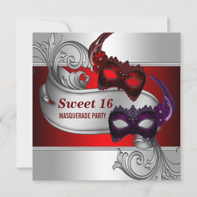 Rote Masken Sweet 16 Masquerade Party Einladung (Vorderseite)