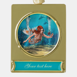 Rote Meerjungfrau Unterwasser-Fantasy-Kunst Banner-Ornament Gold