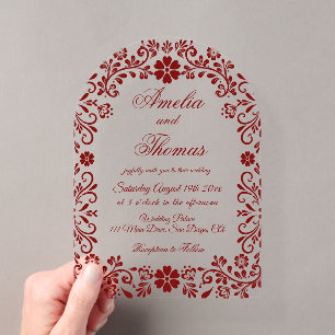 Rote mexikanische Talavera-Hochzeit Acryleinladungen