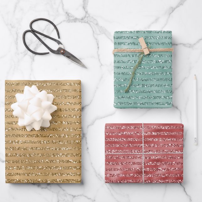 Rote Minze, grüner Glitzer Streifen          Geschenkpapier Set (Vorderseite)