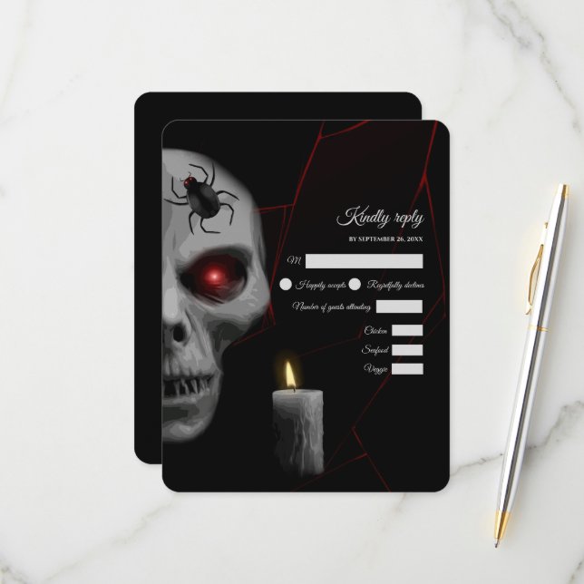 Rote Mit Augen Skull Gothic Spider Candle - Dunkle RSVP Karte (Vorderseite/Rückseite Beispiel)