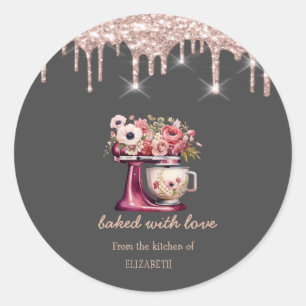 Rote Mixer Blumen Rose Gold Tropfen Bäckerei Runder Aufkleber