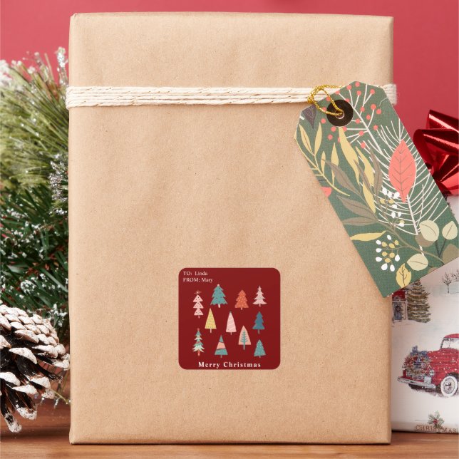Rote, moderne Weihnachtsbaumen Urlaub Quadratischer Aufkleber (Feiertag)