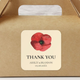 Rote Mohn-Blumen-Hochzeit-Danke Quadratischer Aufkleber