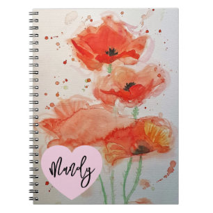 Rote Mohn Mohnblumen Aquarell Floral Frauenname Notizblock
