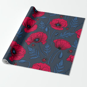 Rote Mohn und Ladybugs auf dunkelblau Geschenkpapier