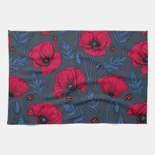 Rote Mohn und Ladybugs auf dunkelblau Geschirrtuch