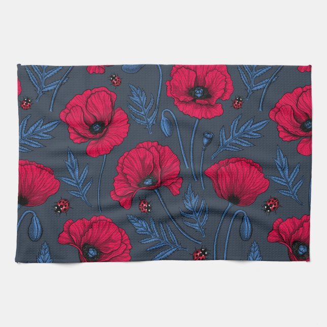 Rote Mohn und Ladybugs auf dunkelblau Geschirrtuch (Horizontal)
