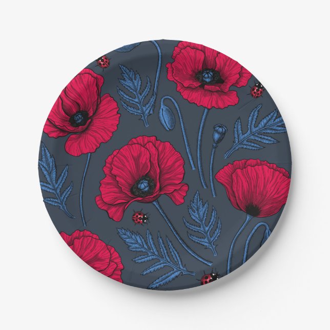 Rote Mohn und Ladybugs auf dunkelblau Pappteller (Vorderseite)