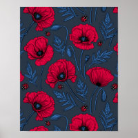 Rote Mohn und Ladybugs auf dunkelblau