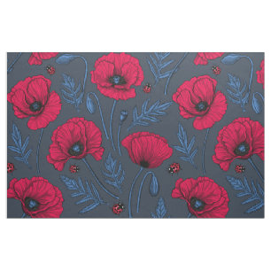 Rote Mohn und Ladybugs auf dunkelblau Stoff
