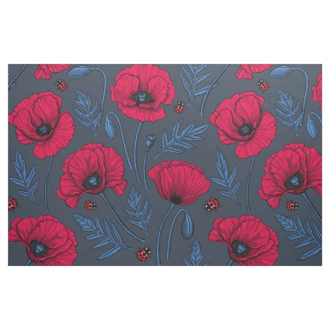 Rote Mohn und Ladybugs auf dunkelblau Stoff (Fat Quarter (45,7 x 55,9 cm))