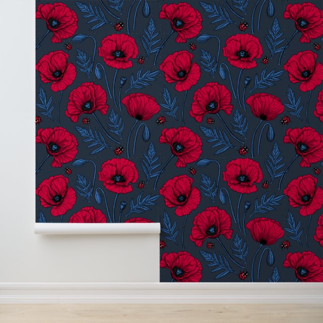 Rote Mohn und Ladybugs auf dunkelblau Tapete (Anwendung)