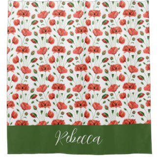 Rote Mohn-Wasserfarbe-Wildblumen-Monogramm Duschvorhang