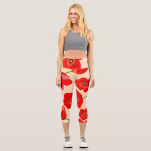 Rote Mohnblume Blume auf Beige Hintergrundbild Capri Leggings