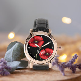 Rote Mohnblume Blume auf schwarzem Personalisiert Armbanduhr