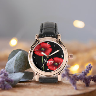 Rote Mohnblume Blume auf schwarzem Personalisiert Armbanduhr