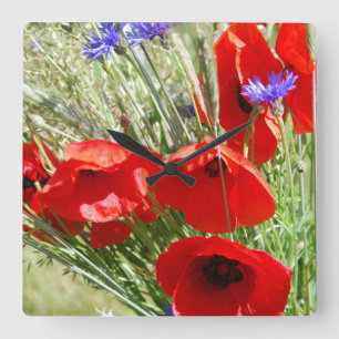 Rote Mohnblume, Hütten-Garten-Foto Quadratische Wanduhr