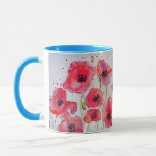 Rote Mohnblumen Aquarell-Malerei Tasse blau