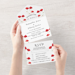Rote Mohnblumen Aquarell Schrift Elegante Hochzeit All In One Einladung