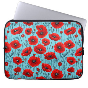 Rote Mohnblumen auf blauem Hintergrund Laptopschutzhülle