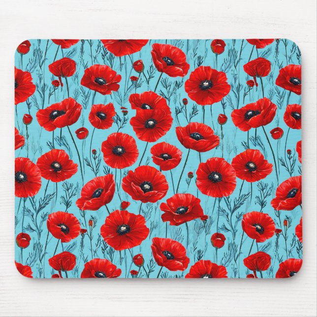 Rote Mohnblumen auf blauem Hintergrund Mousepad (Vorne)