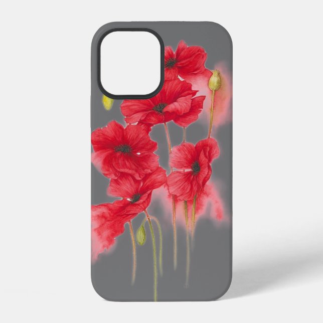 rote Mohnblumen auf Grau iPhone 12 Hülle (Rückseite)