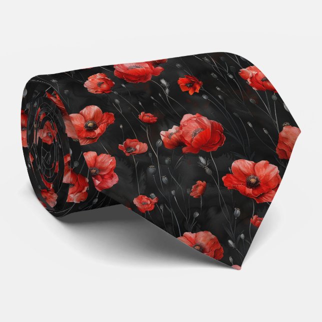 Rote Mohnblumen auf Schwarz Krawatte (Gerollt)