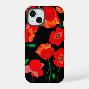 Rote Mohnblumen auf schwarzem Hintergrund Illustra iPhone 15 Hülle