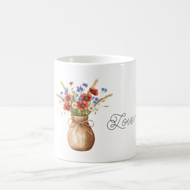 Rote Mohnblumen Blaue Blumen Kaffeetasse (Mittel)