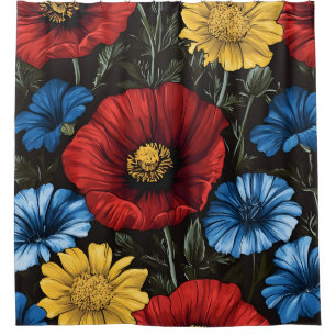 Rote Mohnblumen blaue gelbe Blumen Duschvorhang