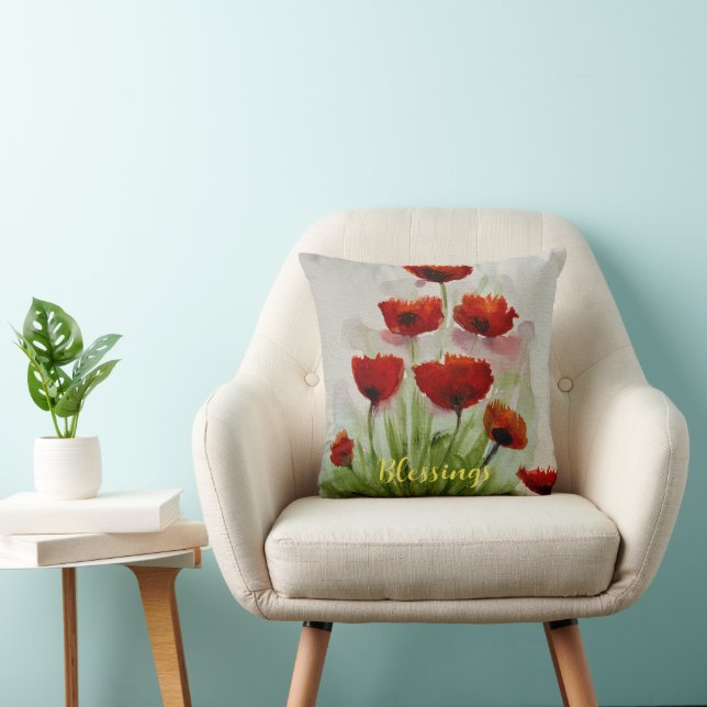 Rote Mohnblumen Blume Wasserfarbe Moderne Minimali Kissen (Stuhl )
