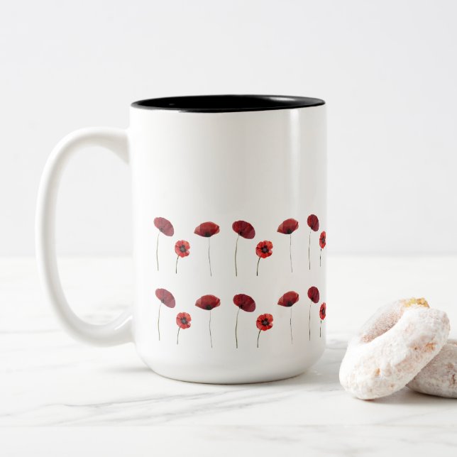 Rote Mohnblumen-Blume Zweifarbige Tasse (Mit Donut)