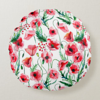 Rote Mohnblumen: Blumenbilder in Aquarellen Rundes Kissen