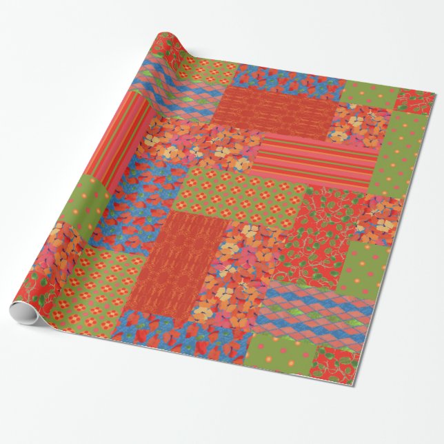 Rote Mohnblumen-Falsch-Patchwork-Geschenkpapier Geschenkpapier (Ungerollt)