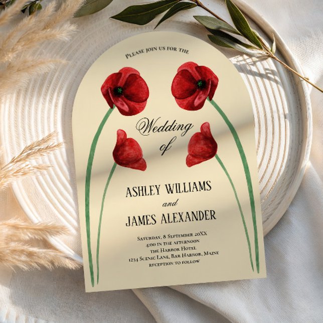 Rote Mohnblumen Hochzeit Moderner Blumenbogen Einladung (Von Creator hochgeladen)
