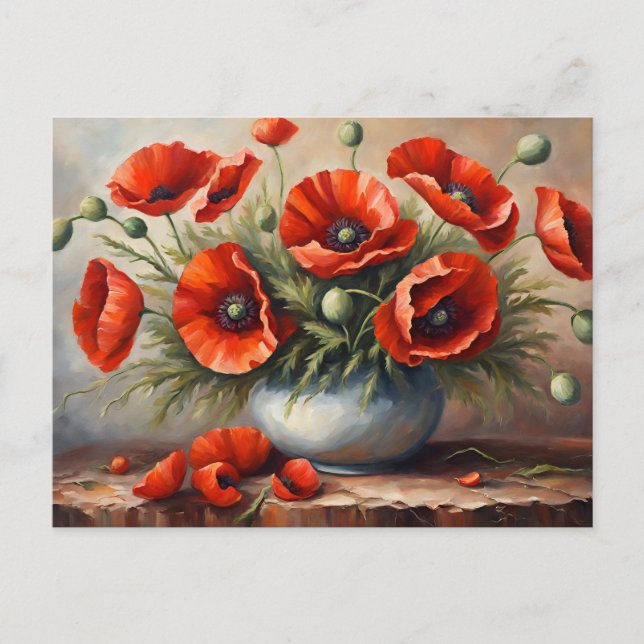 Rote Mohnblumen in blauer Vase  Postkarte (Vorderseite)