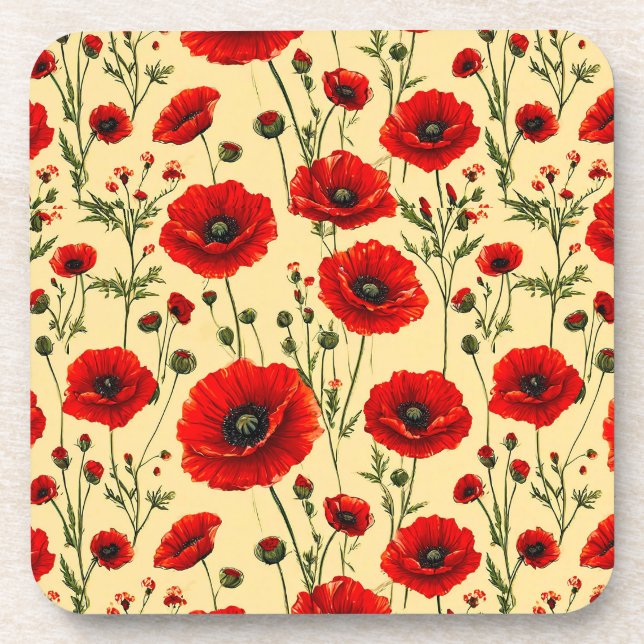 Rote Mohnblumen Muster Getränkeuntersetzer (Vorderseite)